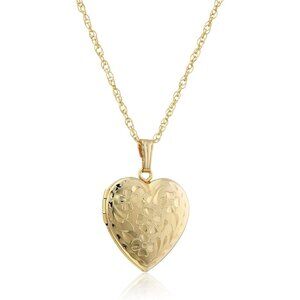 14k Engraved Flowers Heart Locket Necklace for Women Vintage Gold Jewelry